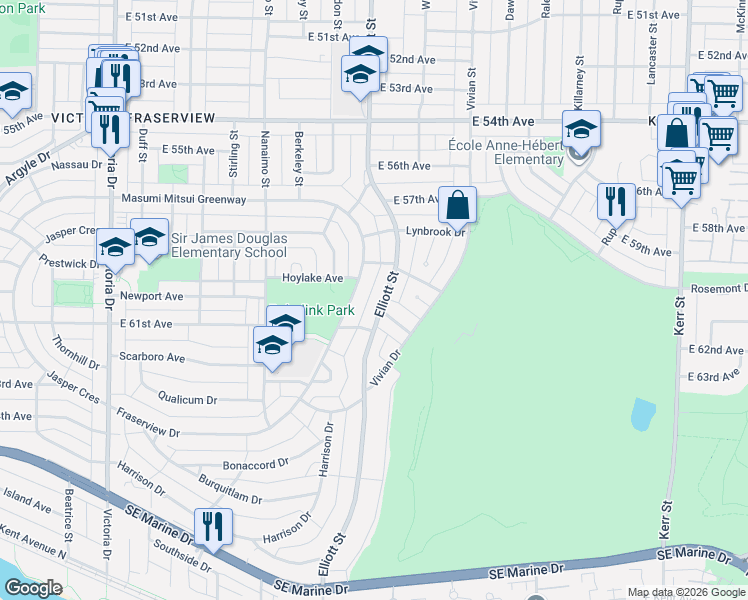 map of restaurants, bars, coffee shops, grocery stores, and more near 7621 Elliott Street in Vancouver