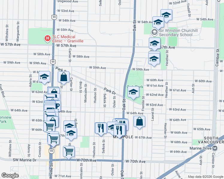 map of restaurants, bars, coffee shops, grocery stores, and more near 1125 Park Drive in Vancouver