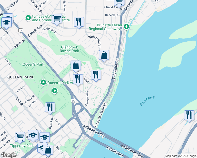 map of restaurants, bars, coffee shops, grocery stores, and more near 72 Jamieson Court in New Westminster