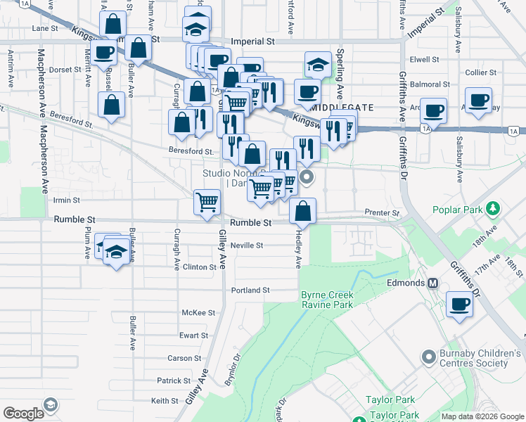 map of restaurants, bars, coffee shops, grocery stores, and more near 7541 Conway Avenue in Burnaby