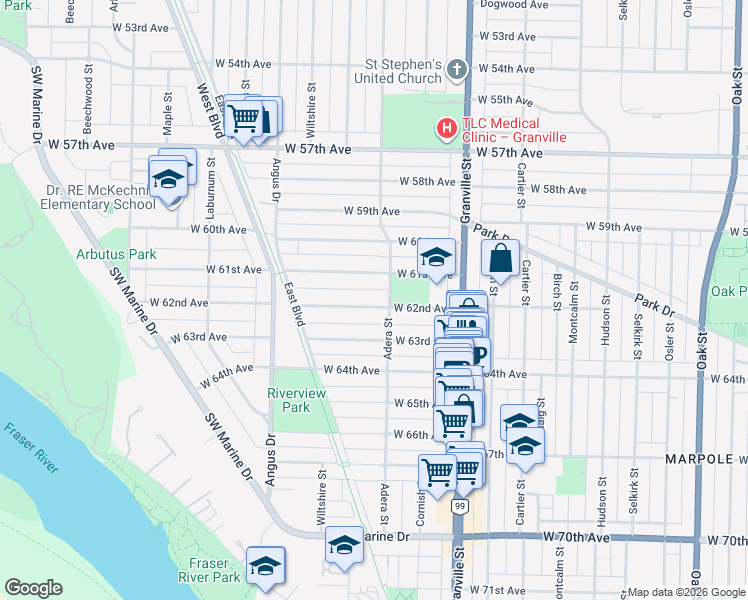 map of restaurants, bars, coffee shops, grocery stores, and more near 1621 West 62nd Avenue in Vancouver
