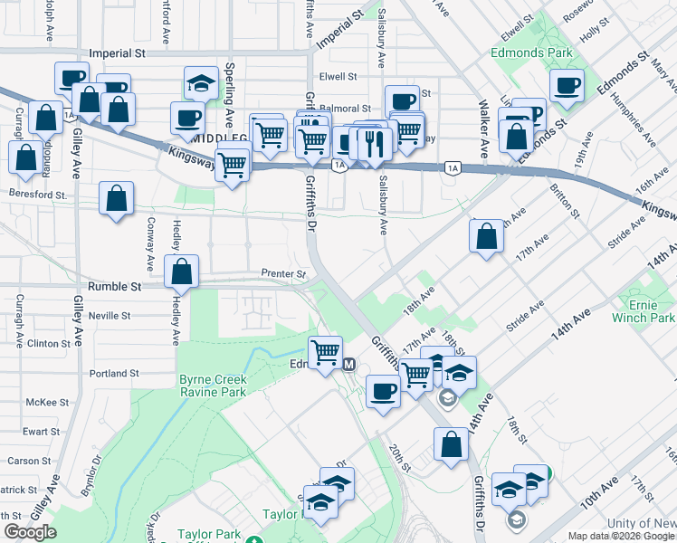 map of restaurants, bars, coffee shops, grocery stores, and more near 6969 21st Avenue in Burnaby