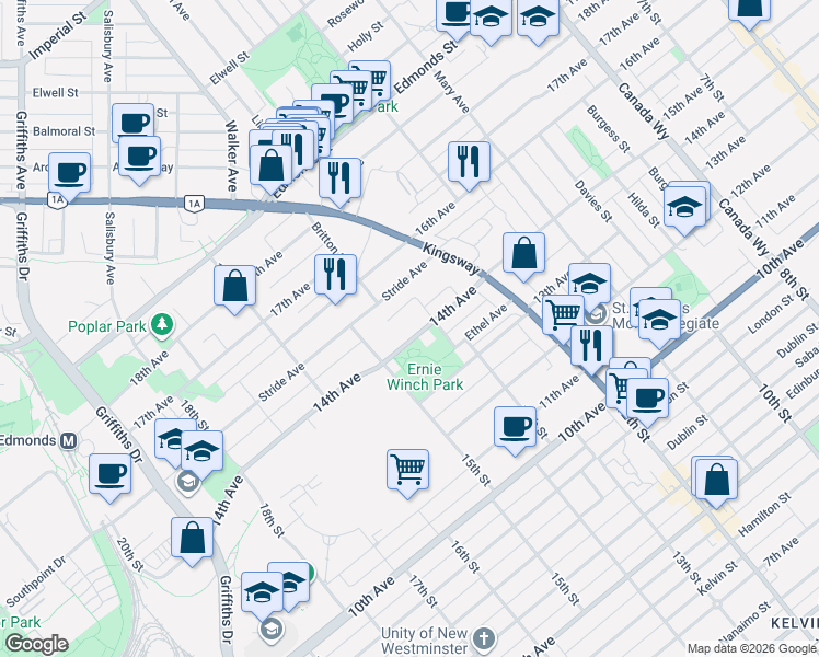map of restaurants, bars, coffee shops, grocery stores, and more near 7299 14th Avenue in Burnaby