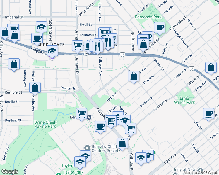 map of restaurants, bars, coffee shops, grocery stores, and more near 7328 18th Street in Burnaby