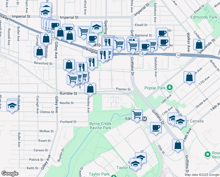 map of restaurants, bars, coffee shops, grocery stores, and more near in Burnaby