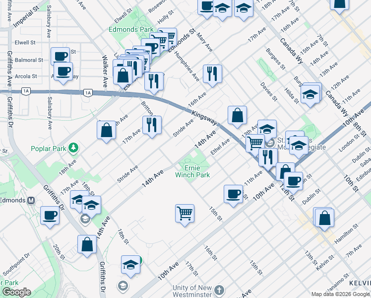 map of restaurants, bars, coffee shops, grocery stores, and more near 7303 14th Avenue in Burnaby