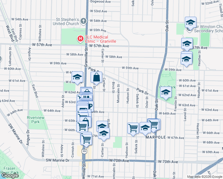 map of restaurants, bars, coffee shops, grocery stores, and more near 7793 Birch Street in Vancouver