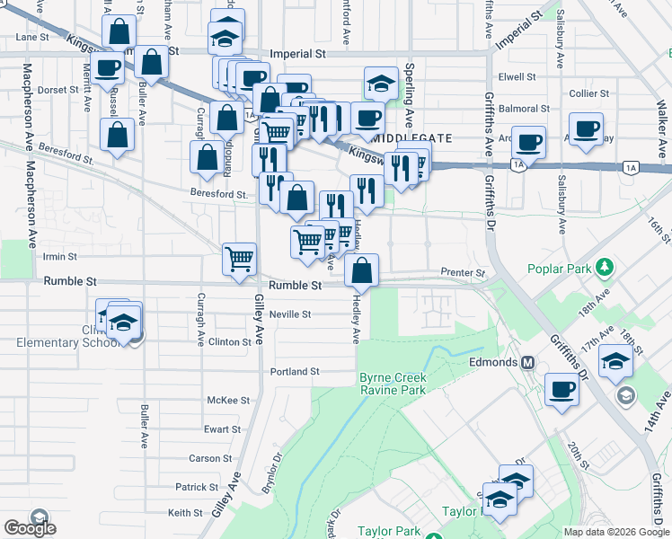 map of restaurants, bars, coffee shops, grocery stores, and more near 7532 Conway Avenue in Burnaby