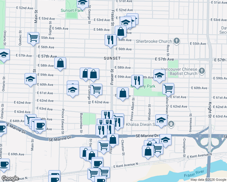 map of restaurants, bars, coffee shops, grocery stores, and more near 7654 Fraser Street in Vancouver