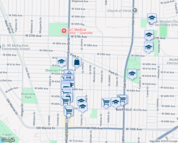 map of restaurants, bars, coffee shops, grocery stores, and more near 7791 Birch Street in Vancouver