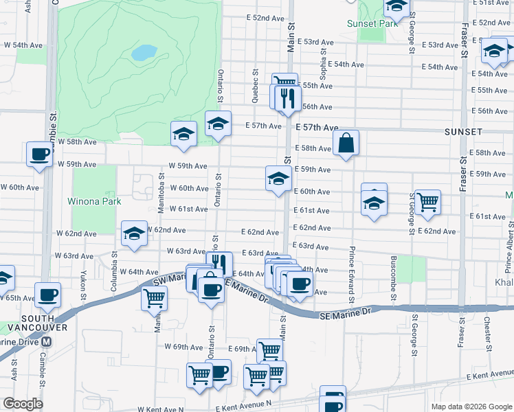 map of restaurants, bars, coffee shops, grocery stores, and more near 111 East 61st Avenue in Vancouver