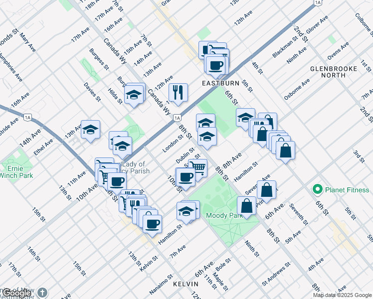 map of restaurants, bars, coffee shops, grocery stores, and more near 811 B Dublin Street in New Westminster