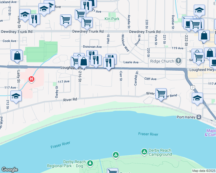 map of restaurants, bars, coffee shops, grocery stores, and more near 23369 117 Avenue in Maple Ridge