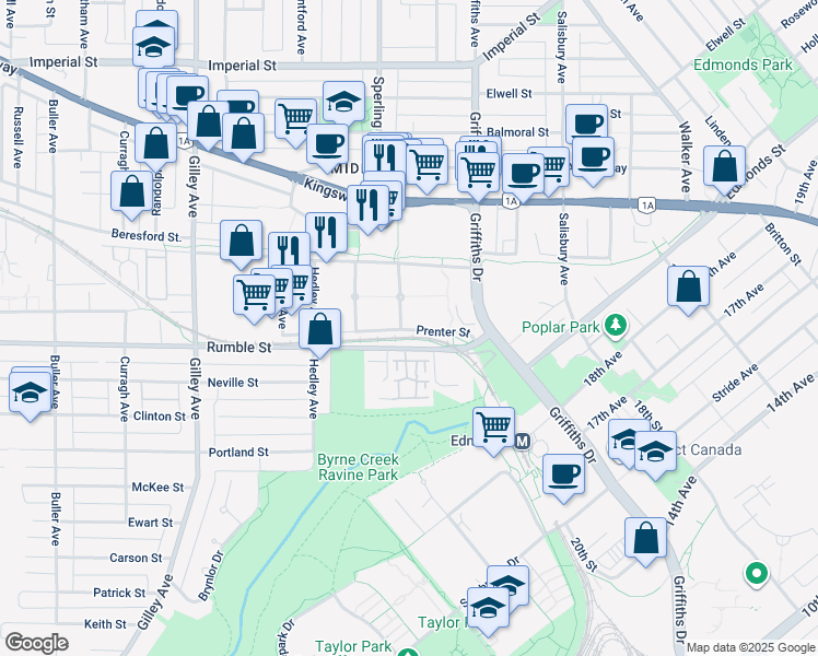 map of restaurants, bars, coffee shops, grocery stores, and more near 7431 Magnolia Terrace in Burnaby