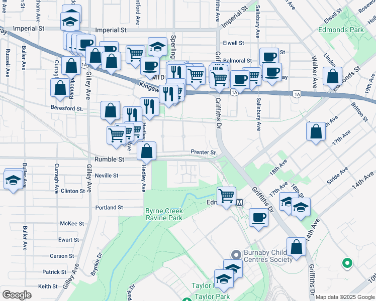 map of restaurants, bars, coffee shops, grocery stores, and more near 7403 Magnolia Terrace in Burnaby