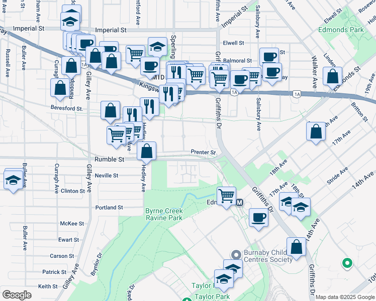 map of restaurants, bars, coffee shops, grocery stores, and more near 7413 Magnolia Terrace in Burnaby