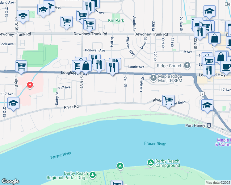 map of restaurants, bars, coffee shops, grocery stores, and more near 117 Ave & 218 St in Maple Ridge