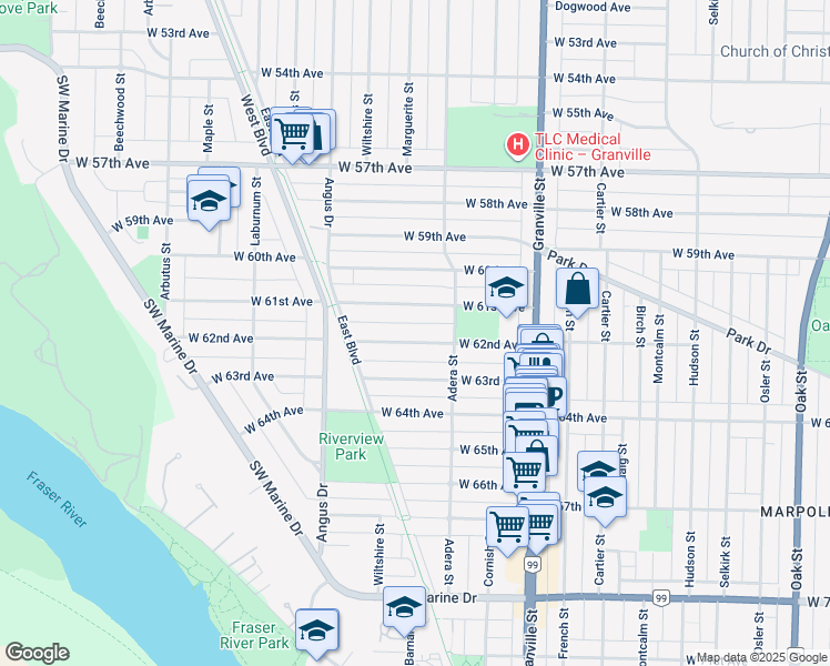 map of restaurants, bars, coffee shops, grocery stores, and more near 1653 West 62nd Avenue in Vancouver