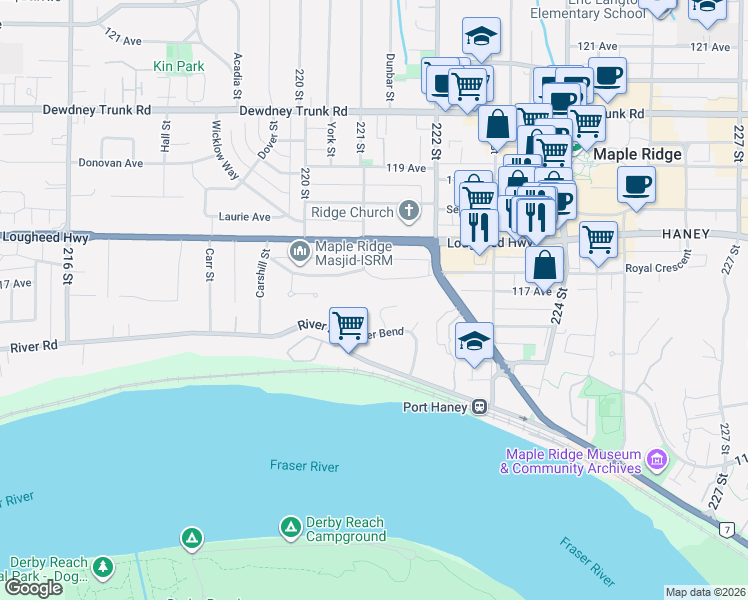 map of restaurants, bars, coffee shops, grocery stores, and more near 11733 Driftwood Drive in Maple Ridge