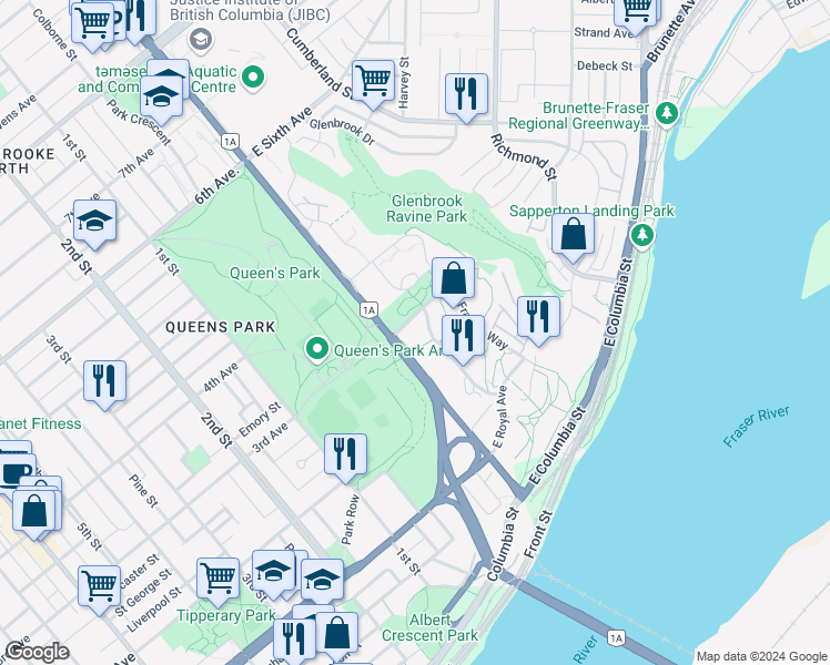map of restaurants, bars, coffee shops, grocery stores, and more near 280 Ross Drive in New Westminster