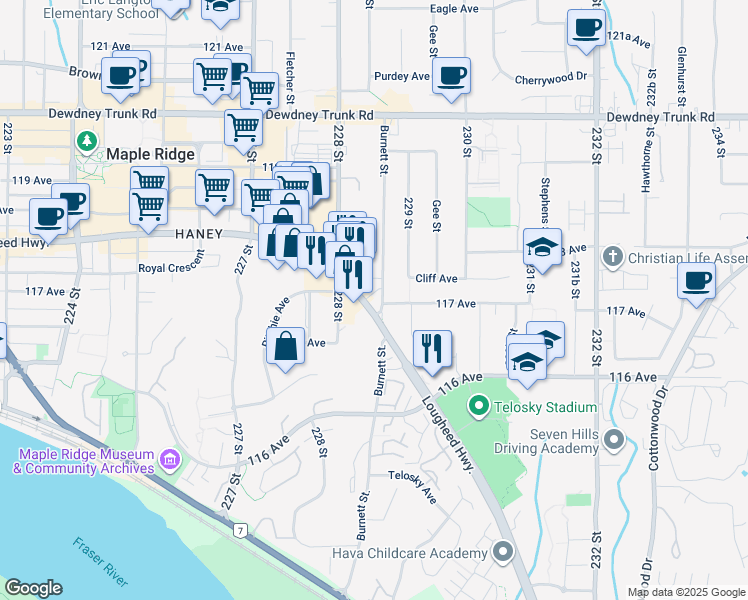map of restaurants, bars, coffee shops, grocery stores, and more near 22855a Lougheed Highway in Maple Ridge