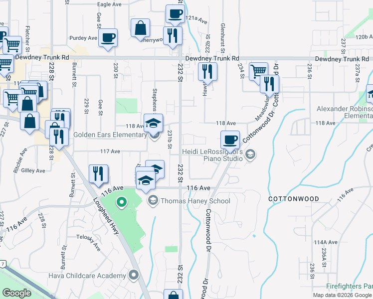 map of restaurants, bars, coffee shops, grocery stores, and more near 11672 232 Street in Maple Ridge