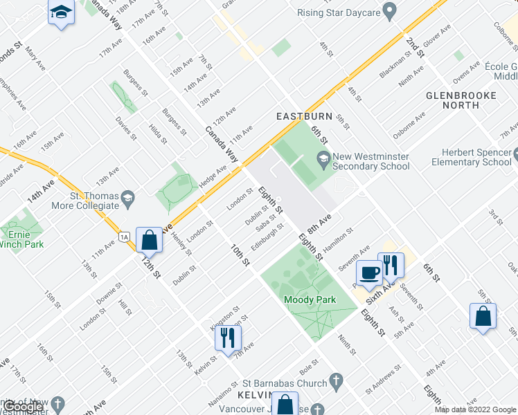 map of restaurants, bars, coffee shops, grocery stores, and more near 811 Dublin Street in New Westminster