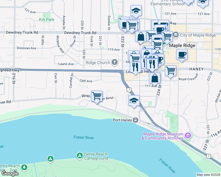 map of restaurants, bars, coffee shops, grocery stores, and more near 11763 Driftwood Drive in Maple Ridge