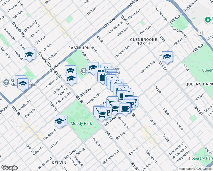 map of restaurants, bars, coffee shops, grocery stores, and more near 615 Hamilton Street in New Westminster
