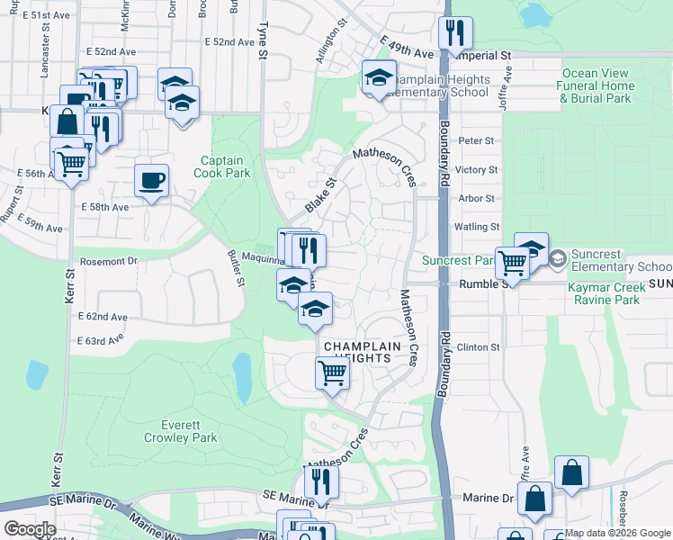 map of restaurants, bars, coffee shops, grocery stores, and more near 3438 Copeland Avenue in Vancouver