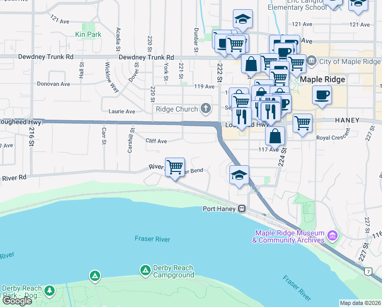 map of restaurants, bars, coffee shops, grocery stores, and more near 11727 Driftwood Drive in Maple Ridge