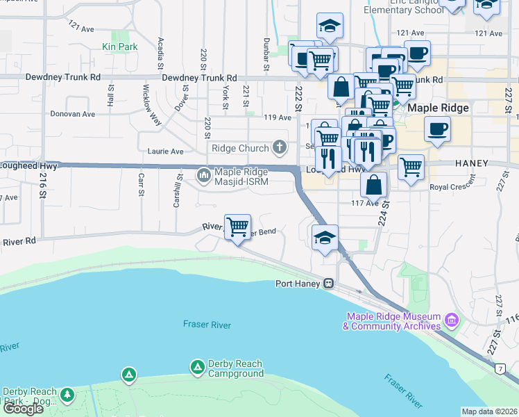 map of restaurants, bars, coffee shops, grocery stores, and more near 11739 Driftwood Drive in Maple Ridge