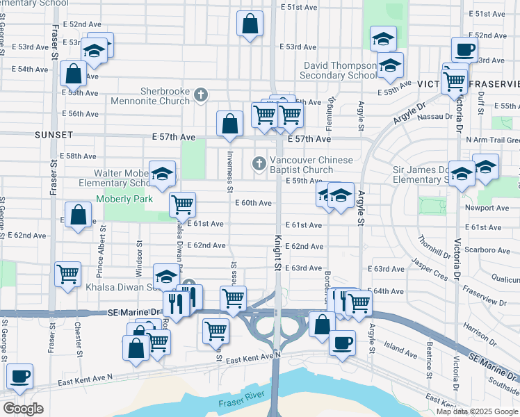map of restaurants, bars, coffee shops, grocery stores, and more near 1362 East 60th Avenue in Vancouver
