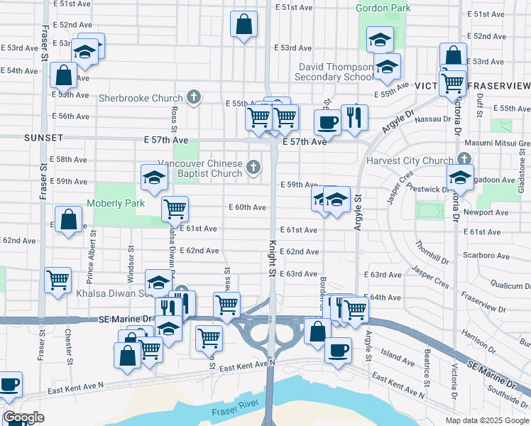 map of restaurants, bars, coffee shops, grocery stores, and more near 1388 East 60th Avenue in Vancouver