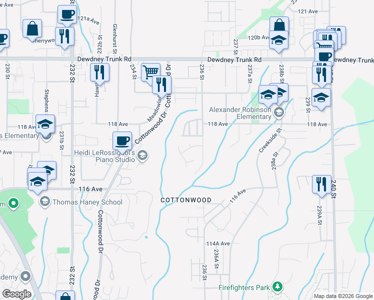 map of restaurants, bars, coffee shops, grocery stores, and more near Unnamed Road in Maple Ridge