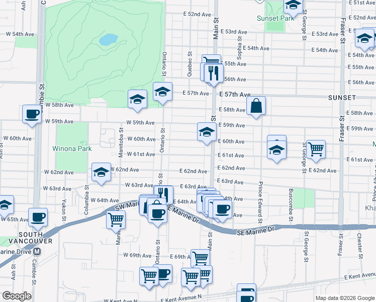 map of restaurants, bars, coffee shops, grocery stores, and more near 101 East 61st Avenue in Vancouver