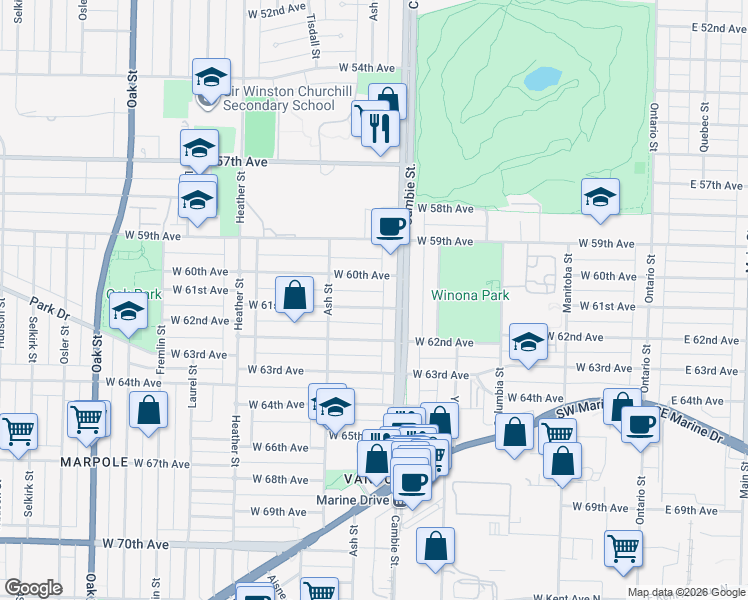 map of restaurants, bars, coffee shops, grocery stores, and more near 531 West 61st Avenue in Vancouver