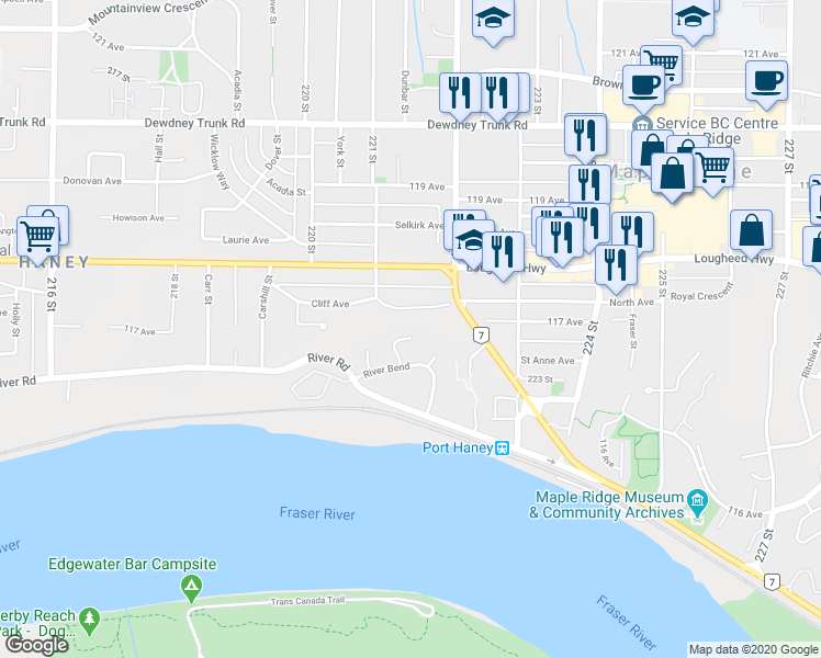 map of restaurants, bars, coffee shops, grocery stores, and more near 11751 Driftwood Drive in Maple Ridge