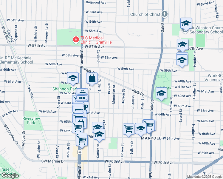 map of restaurants, bars, coffee shops, grocery stores, and more near 7767 Montcalm Street in Vancouver