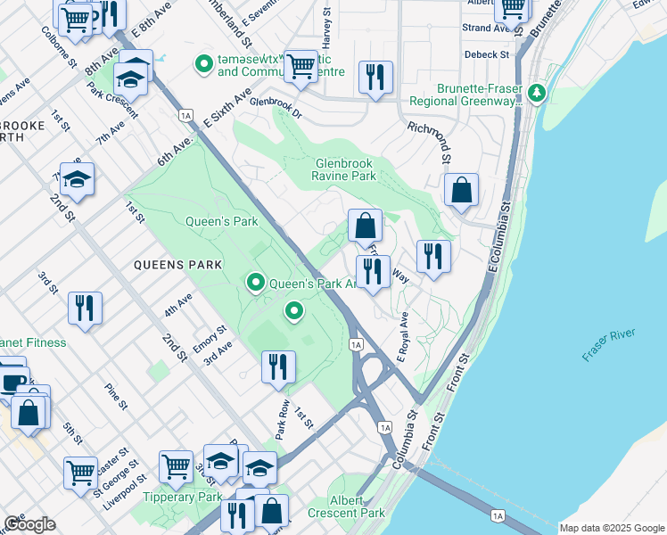 map of restaurants, bars, coffee shops, grocery stores, and more near 33 Memorial Drive in New Westminster