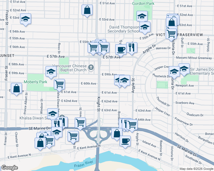 map of restaurants, bars, coffee shops, grocery stores, and more near 1458 East 60th Avenue in Vancouver