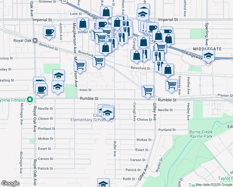 map of restaurants, bars, coffee shops, grocery stores, and more near 7540 Buller Avenue in Burnaby