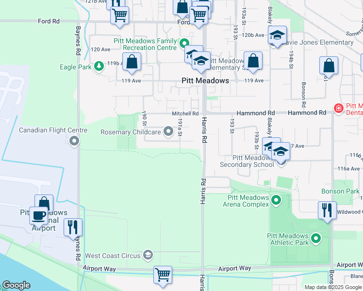 map of restaurants, bars, coffee shops, grocery stores, and more near 19134 117A Avenue in Pitt Meadows