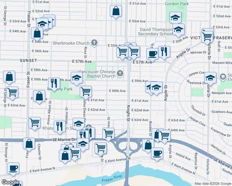map of restaurants, bars, coffee shops, grocery stores, and more near 1342 East 60th Avenue in Vancouver