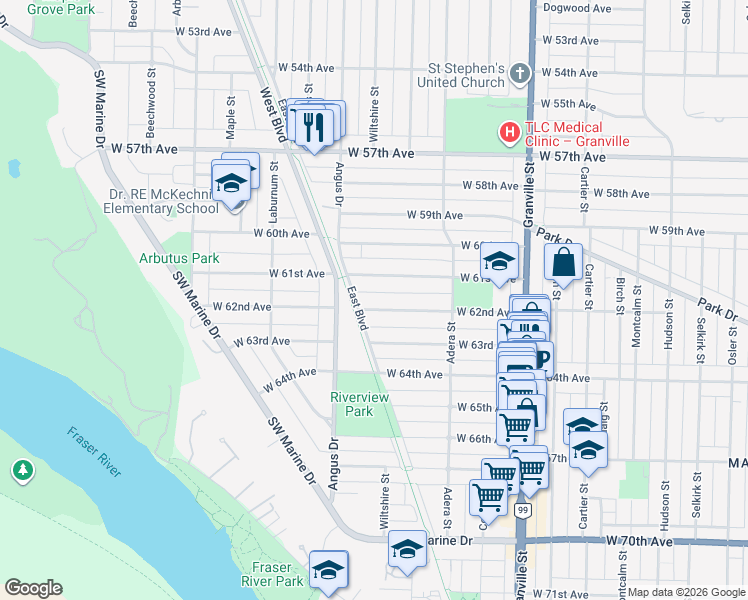 map of restaurants, bars, coffee shops, grocery stores, and more near 1749 West 62nd Avenue in Vancouver
