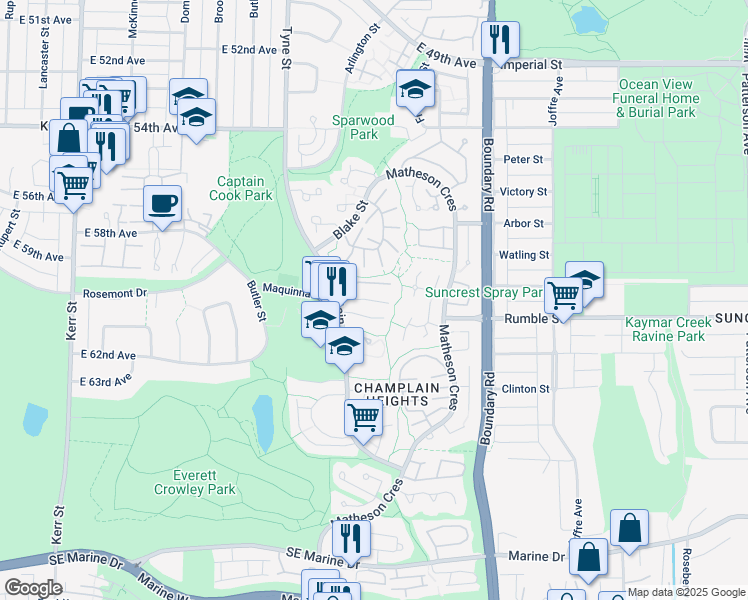 map of restaurants, bars, coffee shops, grocery stores, and more near 3426 Copeland Avenue in Vancouver