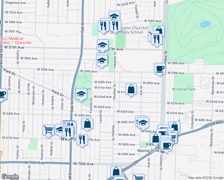 map of restaurants, bars, coffee shops, grocery stores, and more near 7733 Heather Street in Vancouver