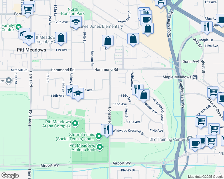 map of restaurants, bars, coffee shops, grocery stores, and more near 19610 117A Avenue in Pitt Meadows