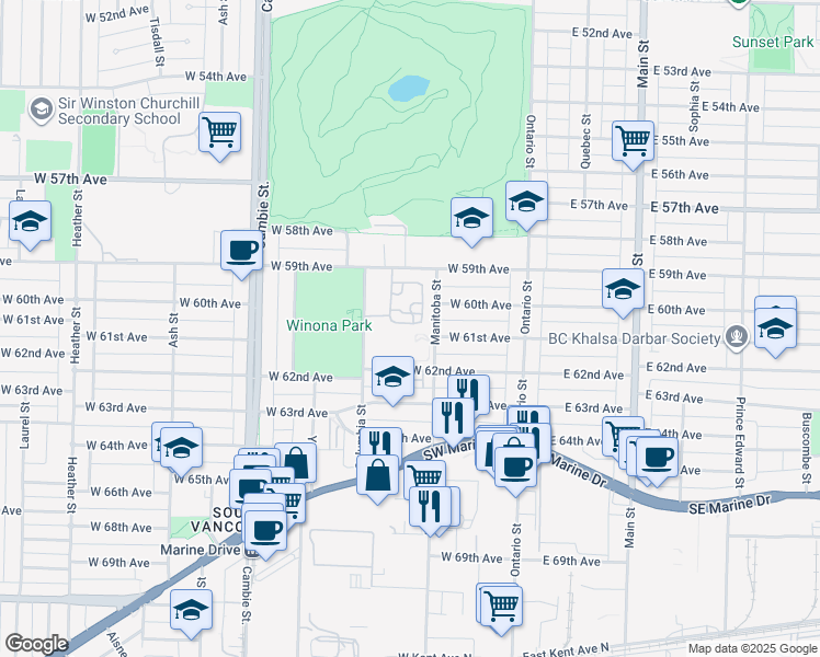 map of restaurants, bars, coffee shops, grocery stores, and more near 233 Waterleigh Drive in Vancouver