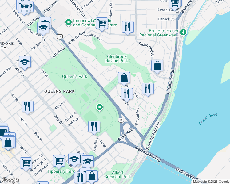 map of restaurants, bars, coffee shops, grocery stores, and more near 280 Ross Drive in New Westminster